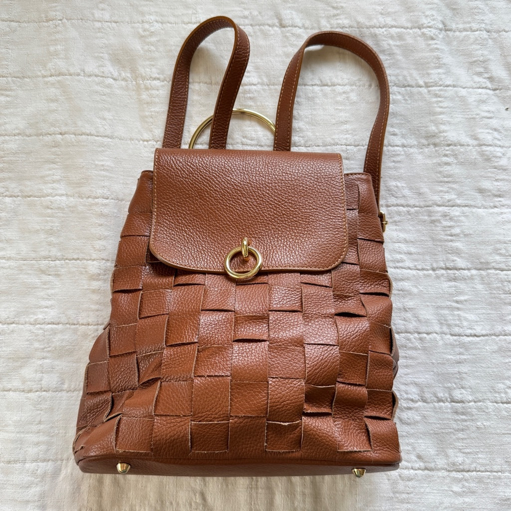 Anna Morellini NWOT Brown Woven leather women backpack w/gold hardware